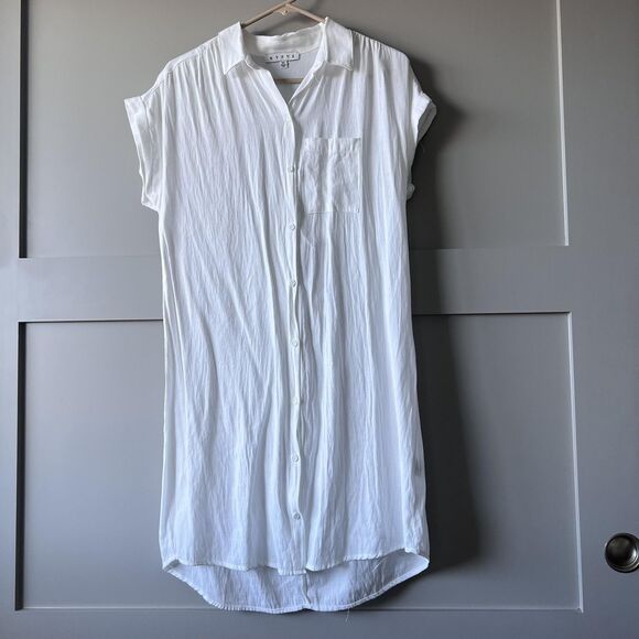 HYFVE Shirt Dress Womens Medium White Button Front Cap Sleeve Crinkle HF23F423 - Picture 1 of 11
